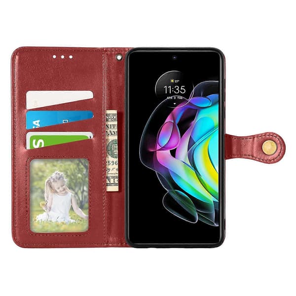 Motorola Edge 20 Enfärgat Äkta Läderfodral med Spänne Red