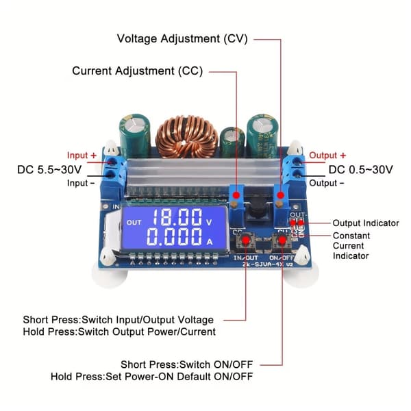 Buck-Boost strømforsyningsmodulkort: Konstant spenning/konstant strøm, LCD digitalt display, voltmeter, amperemeter, justerbar Buck/Boost
