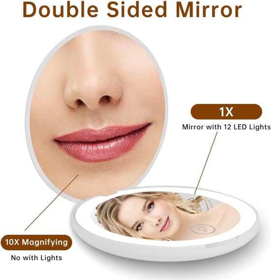 Illuminated Makeup Mirror - LED - 1X/10X Magnification - Compact - Rechargeable - Stepless Dimming - White