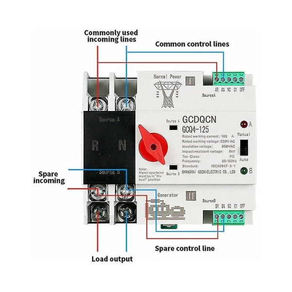 Dual Power Automatic Transfer Switch 2P100A Skinnemontert isolert ATS-bryter