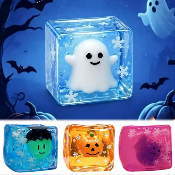 Glow in The Dark Ghost Squishies Fidget Toy Cube, Stress Relief Squeeze Ice Cube with Inside Ghost for Halloween Gift C