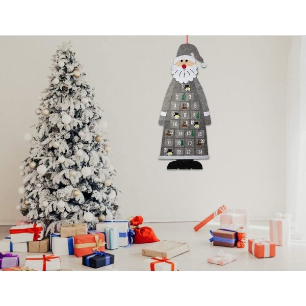 Julemandskalender, hængende adventskalender i filt, hængende filtjuletræ, hængende julepynt, juledørsdekoration (grau)