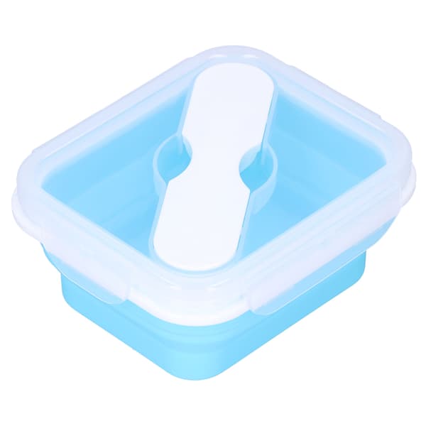 Silicone Insulation Box Portable Lunch Box with Integrated Fork Spoon for Office School Water Blue 600ML 0.3