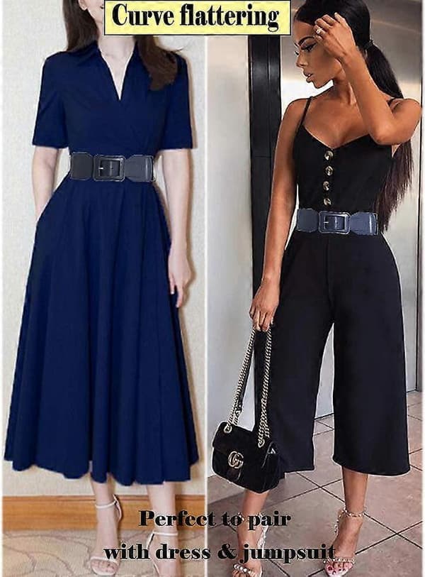 Elastisk damebelte for kjoler Jumpsuit Kåpe Mote Elastisk Bredt Midjebelte Marineblå