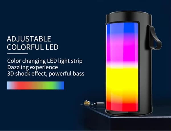 This RGB wireless Bluetooth speaker has a built-in microphone and is compatible with Android and iOS devices, USB devices, AUX input, and FM radio