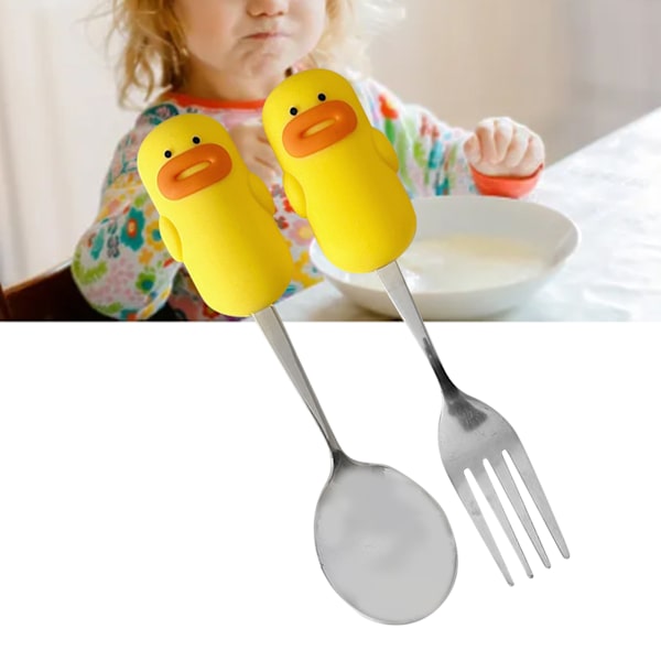 Sött Sked- och Gaffelset Rostfritt Stål Tecknad Design Multifunktionell Metallsked och Gaffel för Baby Pojkar Flickor Vit