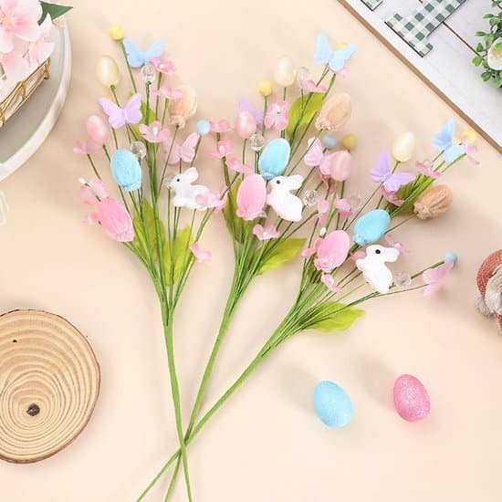 Easter Decorations - Artificial Rabbit and Egg Arrangement - DIY Party Bouquet Supplies - Easter Party Decor - 46 cm (3 Stems)
