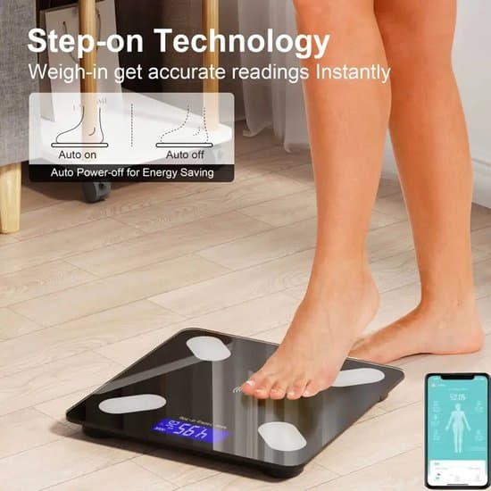 Electronic Personal Scale - Multifunctional with Temperature Gauge - Max 180 kg - Rechargeable - 4 High-Precision Sensors - Tempered Glass - Black