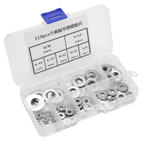 110 stk. Imperial Standard rustfrit stål flade skiver almindelige skiver sortimentssæt med æske