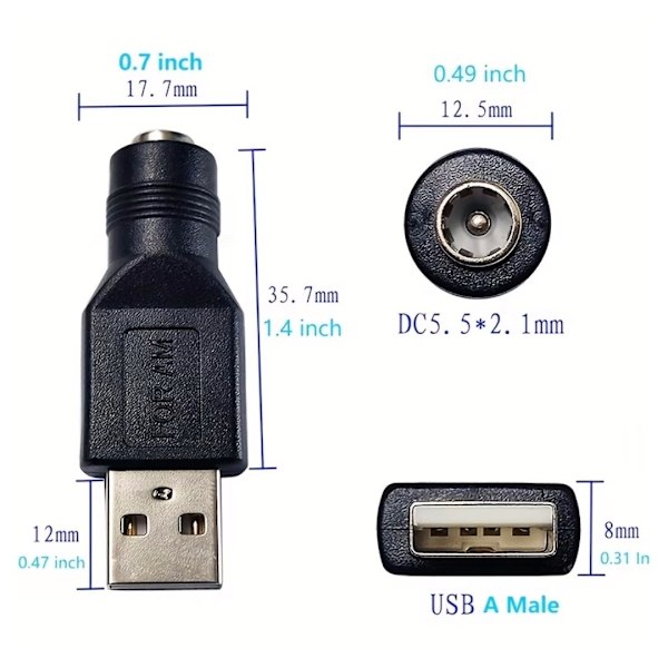 5 stk. Almindelig USB til 5.5*2.1mm strømadapter, 5.5*2.1mm hun til USB 2.0 han adapter