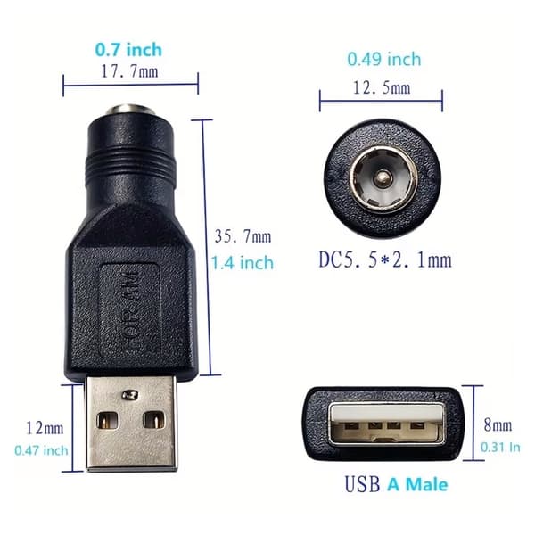 5 stk. Vanlig USB til 5,5*2,1 mm strømadapter, 5,5*2,1 mm hunn til USB 2.0 hannadapter