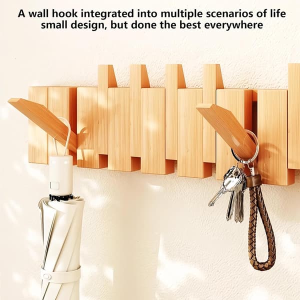 Wall Mounted Coat Rack Hooks Piano Key Hanger Natural Solid Wood Hanger Non-Woven Fabric Coat Rack for Wardrobe, Kitchen, Bedroom, Bathroom, 6 Hooks
