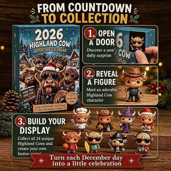 Jul 2026 Highland Ko Julekalender, 24 Dages Nedtælling Blind Box Sæt, Søde Mini Highland Ko Figurer Samling, Juleoverraskelsesgaveæske til 3pcs
