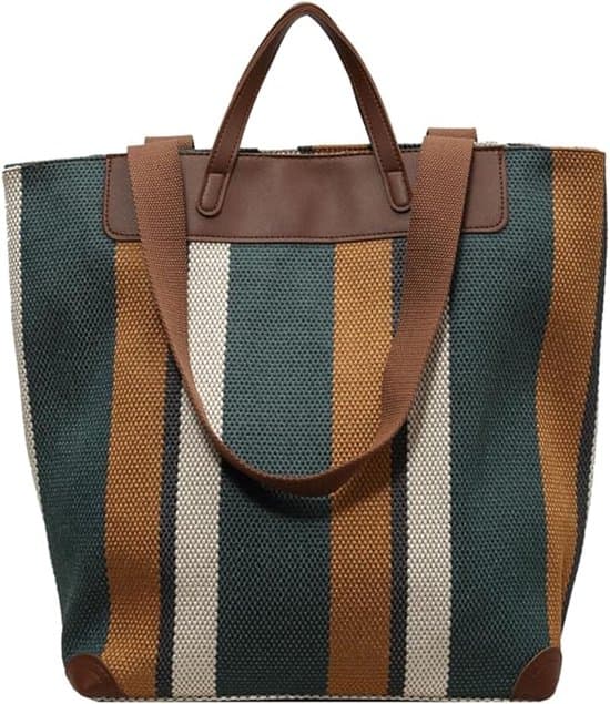 Bag - Large Work Bag for Women - Canvas Shoulder Bag - Laptop Compartment - Ample Storage - Office & Daily Use - Striped
