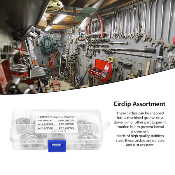 120 stk. Rustfrit Stål Snap Sikringsringe Sortimentssæt 9mm - 14mm med Æske