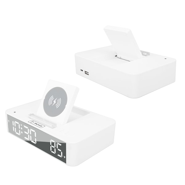 10W Digital Vækkeur Én Knap Løftende LED Spejl Elektronisk Ur med 10W Trådløs Opladning til Soveværelse Kontor Hjem EN001 Hvid