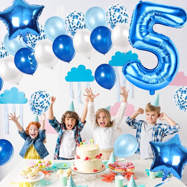 Blå 5-årsdag ballonger, 5 år gammel gutt barnebursdagsdekorasjon