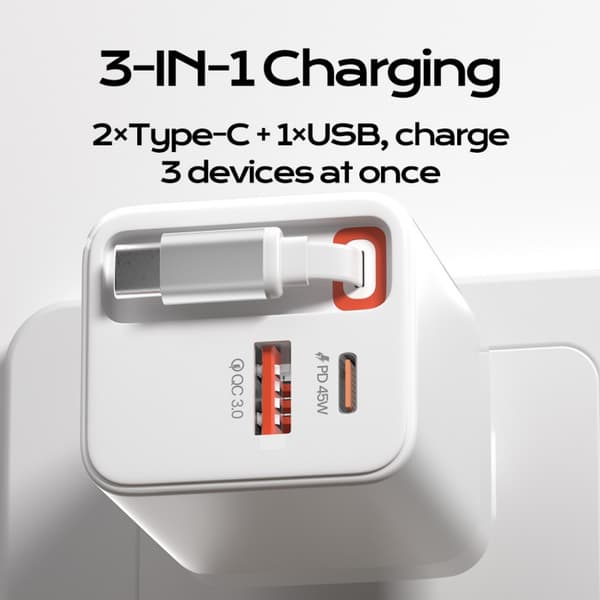 65W hurtigopladningsadapter, kompatibel med Android-telefoner og -tablets, hvid