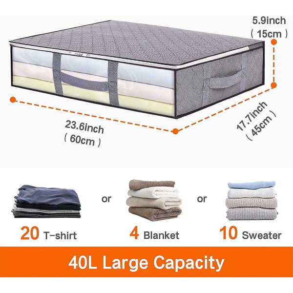 40L grå sammenleggbare undersengsoppbevaringsposer (2 pakke) - klart vindu, forsterkede håndtak, glidelås - ideell for dyner, tepper, sengetøy