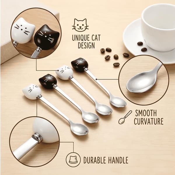 Sæt med 2 katteskefulde - teskeer og kaffeskeer i katteform til omrøring og servering, ideel til hjem og køkken (sort)