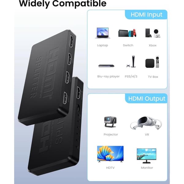 HDMI-splitter 1 in 4 ut Stöder duplicering/spegling av 1 källskärm till 4 HDMI-skärmenheter, 4-portars HDMI-splitters