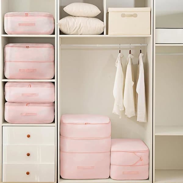 Sett med 2 kompakte, selvkomprimerende oppbevaringsposer for klær, gensere og tepper (rosa), 52*42*60cm