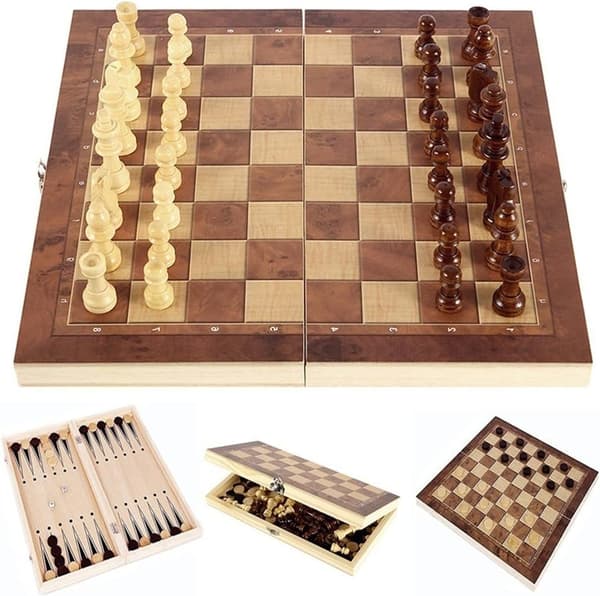 Vikbart schackbräde i trä – ett tre-i-ett schackspel för vuxna och barn (backgammon, dam), utsökt schackbräde i trä.