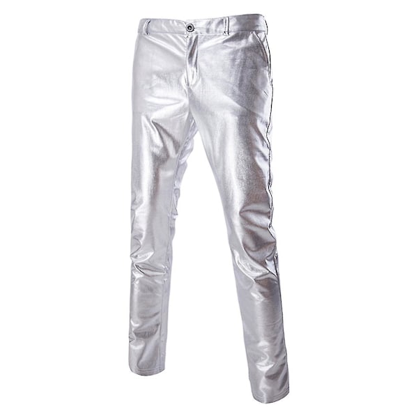 Bright Bronzing Leather Casual Pants for Men XS Silver