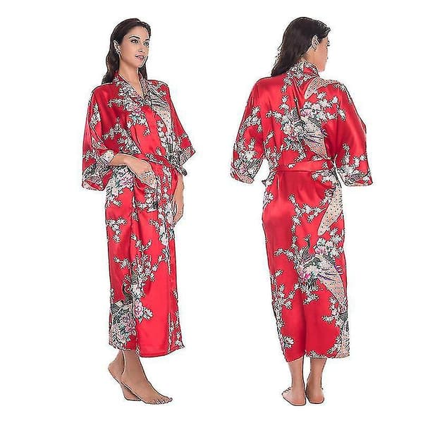 Blomstret satin kimono morgenkåbe - elegant nattøj til kvinder L rød