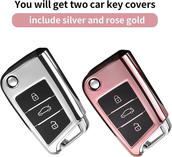 Rose Gold + Silver Car Key Case 2 Pieces Compatible for VW Golf 7 TPU Protective Shell for Car Key 3 Buttons Car Accessories