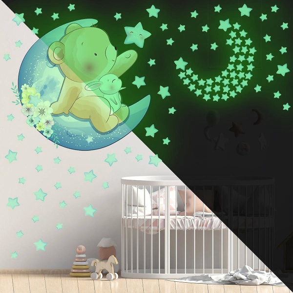 Tegnefilm Bear Moon Star Glow Wall Sticker til indretning til børneværelset