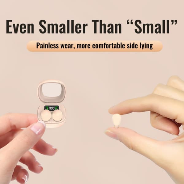 Usynlige Mini Søvnørepropper for Sidesovere, Ultrakomfortable og Fjærlette Bluetooth Søvnhodetelefoner, Bærbare Etui Øretelefoner (Beige)