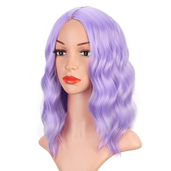 Lavendel lila peruk Kort lockigt vågig peruk, 14 tum
