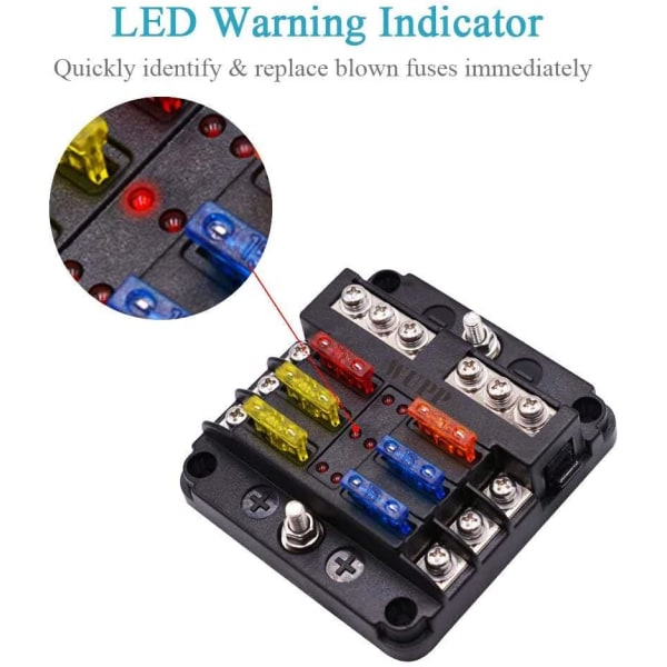 12 volts säkringsblock, säkringspanel med LED-varningsindikator