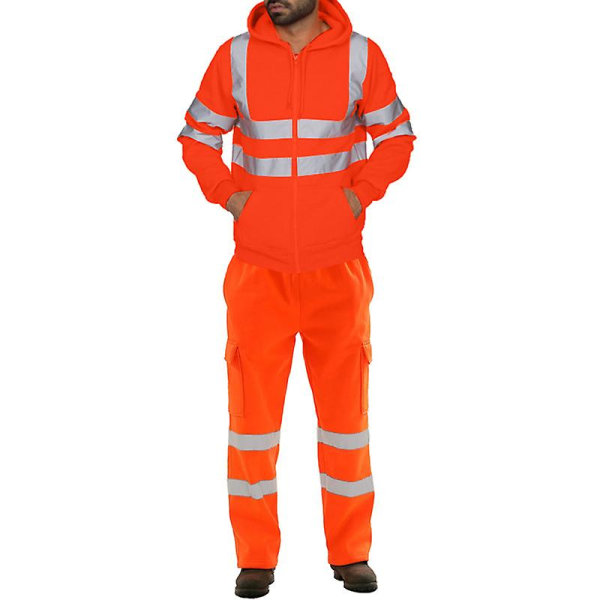 Män Synlighet Säkerhet Arbetskläder Huvjacka Byxor Set Orange XL