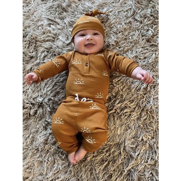 Baby Boys Kläder Nyfödda Ribbade Långärmade Outfits Set brown 6-9Month