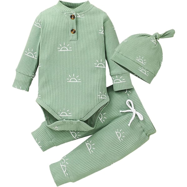 Baby Boys Kläder Nyfödda Ribbade Långärmade Outfits Set green 3-6Month