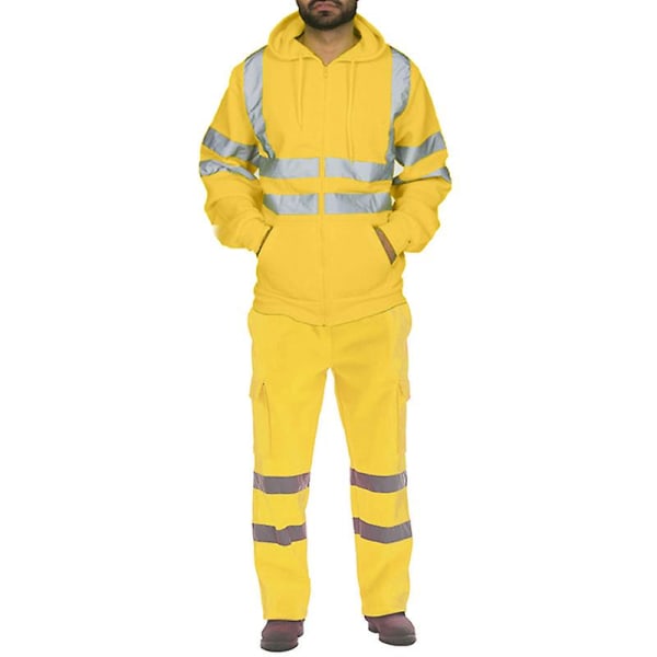 Män Synlighet Säkerhet Arbetskläder Huvjacka Byxor Set Yellow 3XL