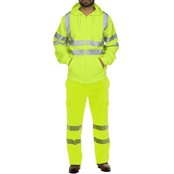 Män Synlighet Säkerhet Arbetskläder Huvjacka Byxor Set Fluorescent Green 2XL