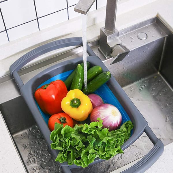 [LLC] Collapsible Silicone Colander, Sink Colander, Vegetable/Fruit Colander, Colander with Extendable Handles for Pasta, Vegetables, Fruit - Blue