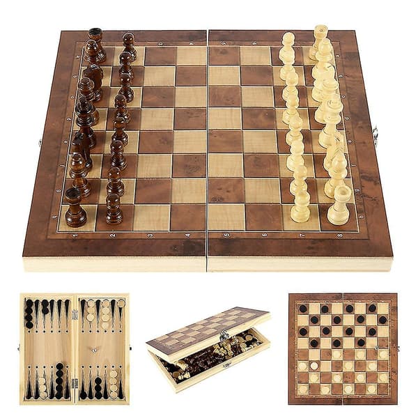 [LLC] 3-i-1 Trä Internationellt Schackset Backgammon Brädspel Damspel Pusselspel Vikbart Schackbräde Brun Brown 44x44cm