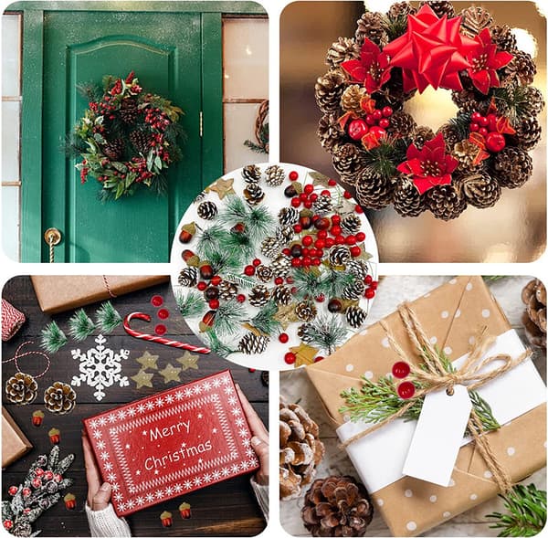 [LLC] 108 Pieces Christmas Wreath Making Decorations Natural Pine Cone Red Holly Berries