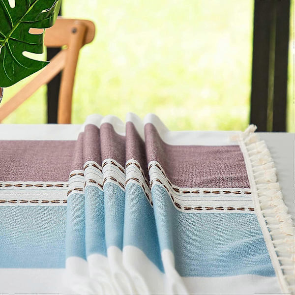 [LLC] Rectangular Tablecloth Cotton Linen, Washable Tablecloth with Tassels Perfect for Rectangular Oblong Tables, Kitchen, Dining Room (140 x 220 cm, Blue Brown)