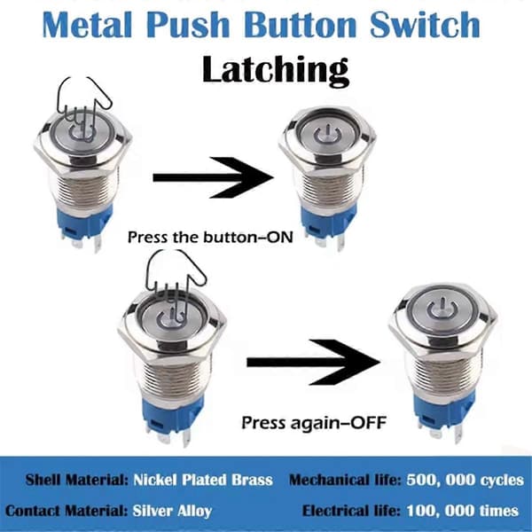 [LLC]5pcs 16mm Metal Latching Push Button Switch Waterproof Anti- Silver Shell 12V-24V 1NO 1NC for 5/8In