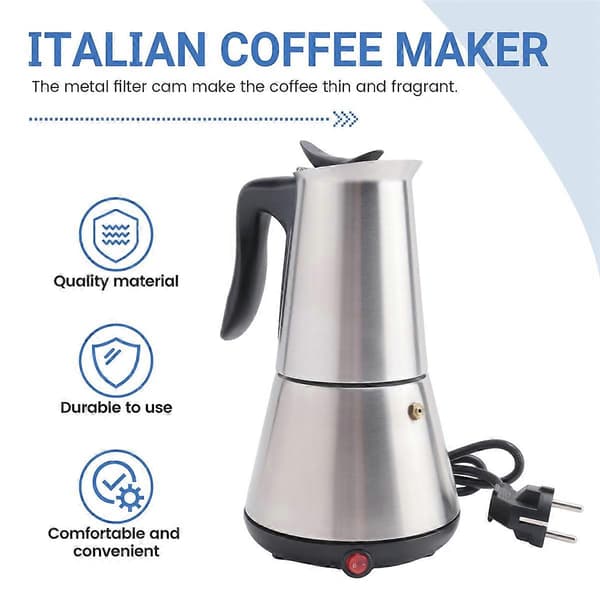 Elektrisk espressomaskine Moka Pot 6 kopper perkolator kaffekande elektrisk rustfrit stål klassisk silver