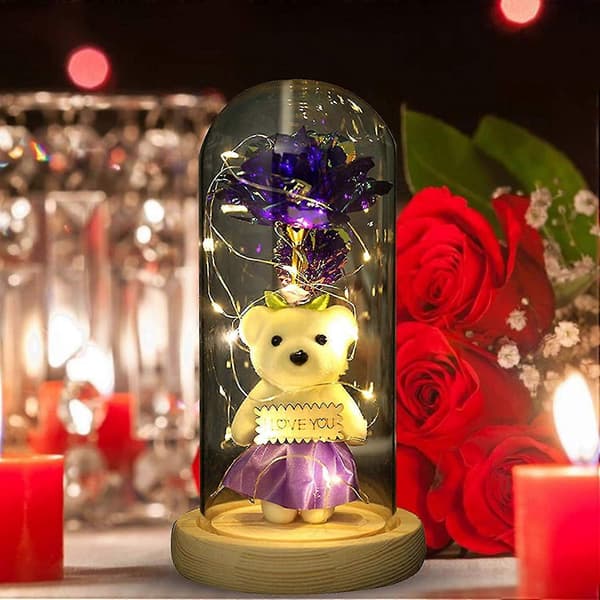[LLC]Galaxy Rose i glaskupol med ljus Infinity Rose Flower Shines purple