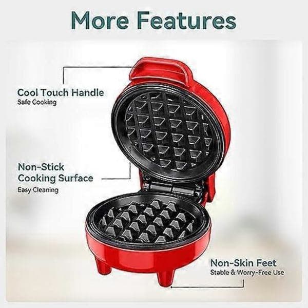[LLC]Mini Waffle Iron, Waffle Maker, Clear Indicator Light, Non-Stick Coating, Cool Handle, Compact Size Red Red