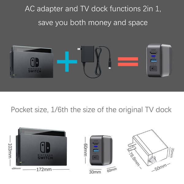 [LLC] Switch Dock Laderadapter for Switch OLED, 3 i 1 Switch Lader for TV, Switch TV Dock med USB 3.0 Port (EU-plugg)
