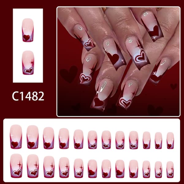 [LLC] Hypoallergenic ABS False Nail 24pcs Valentine's Day Wine Red Heart Glossy Design