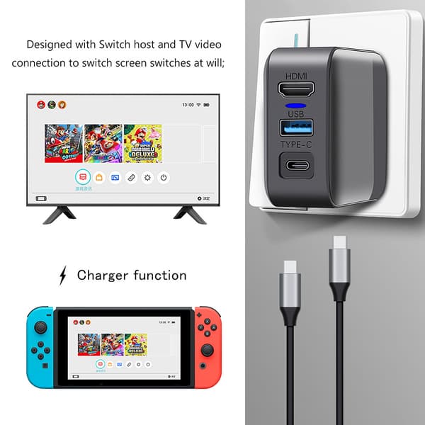 [LLC] Switch Dock Laderadapter for Switch OLED, 3 i 1 Switch Lader for TV, Switch TV Dock med USB 3.0 Port (EU-plugg)